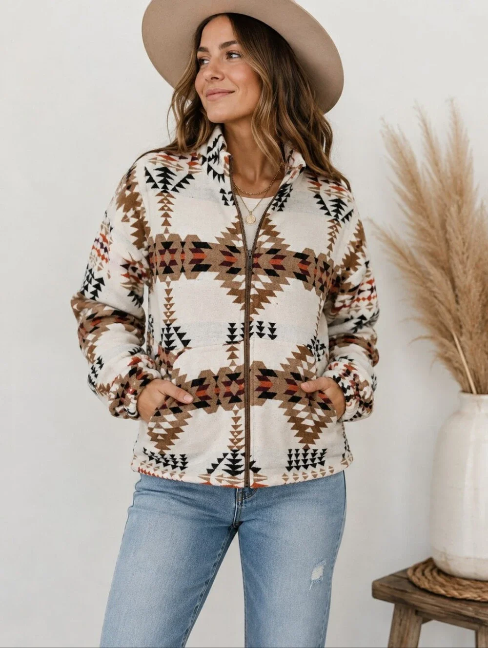 Southwestern Aztec Print Full Zip Fleece Jacket Cream Western Boho S M XL